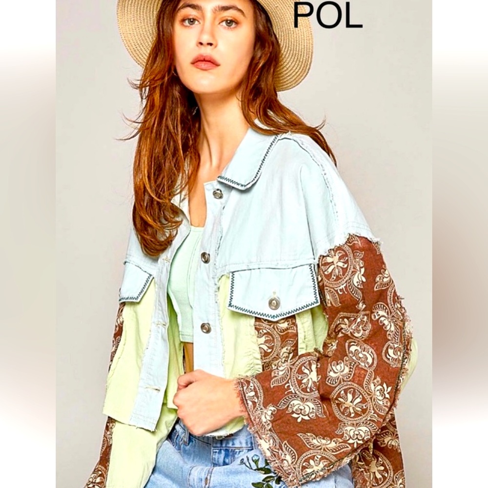 512. POL Patchwork Jacket with Brown and Blue Accents NWT